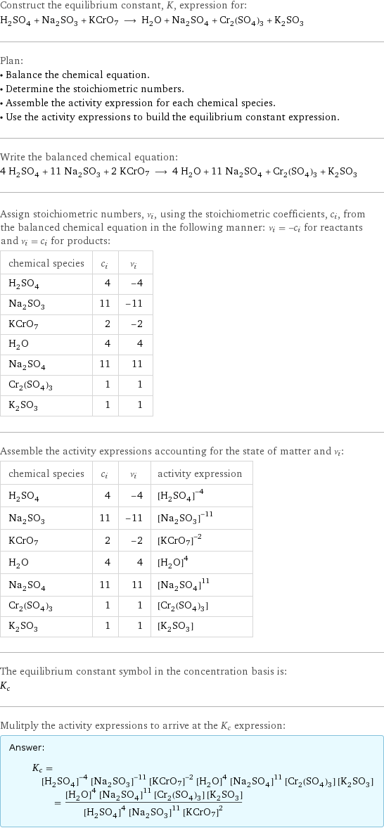 Construct the equilibrium constant, K, expression for: H_2SO_4 + Na_2SO_3 + KCrO7 ⟶ H_2O + Na_2SO_4 + Cr_2(SO_4)_3 + K_2SO_3 Plan: • Balance the chemical equation. • Determine the stoichiometric numbers. • Assemble the activity expression for each chemical species. • Use the activity expressions to build the equilibrium constant expression. Write the balanced chemical equation: 4 H_2SO_4 + 11 Na_2SO_3 + 2 KCrO7 ⟶ 4 H_2O + 11 Na_2SO_4 + Cr_2(SO_4)_3 + K_2SO_3 Assign stoichiometric numbers, ν_i, using the stoichiometric coefficients, c_i, from the balanced chemical equation in the following manner: ν_i = -c_i for reactants and ν_i = c_i for products: chemical species | c_i | ν_i H_2SO_4 | 4 | -4 Na_2SO_3 | 11 | -11 KCrO7 | 2 | -2 H_2O | 4 | 4 Na_2SO_4 | 11 | 11 Cr_2(SO_4)_3 | 1 | 1 K_2SO_3 | 1 | 1 Assemble the activity expressions accounting for the state of matter and ν_i: chemical species | c_i | ν_i | activity expression H_2SO_4 | 4 | -4 | ([H2SO4])^(-4) Na_2SO_3 | 11 | -11 | ([Na2SO3])^(-11) KCrO7 | 2 | -2 | ([KCrO7])^(-2) H_2O | 4 | 4 | ([H2O])^4 Na_2SO_4 | 11 | 11 | ([Na2SO4])^11 Cr_2(SO_4)_3 | 1 | 1 | [Cr2(SO4)3] K_2SO_3 | 1 | 1 | [K2SO3] The equilibrium constant symbol in the concentration basis is: K_c Mulitply the activity expressions to arrive at the K_c expression: Answer: |   | K_c = ([H2SO4])^(-4) ([Na2SO3])^(-11) ([KCrO7])^(-2) ([H2O])^4 ([Na2SO4])^11 [Cr2(SO4)3] [K2SO3] = (([H2O])^4 ([Na2SO4])^11 [Cr2(SO4)3] [K2SO3])/(([H2SO4])^4 ([Na2SO3])^11 ([KCrO7])^2)