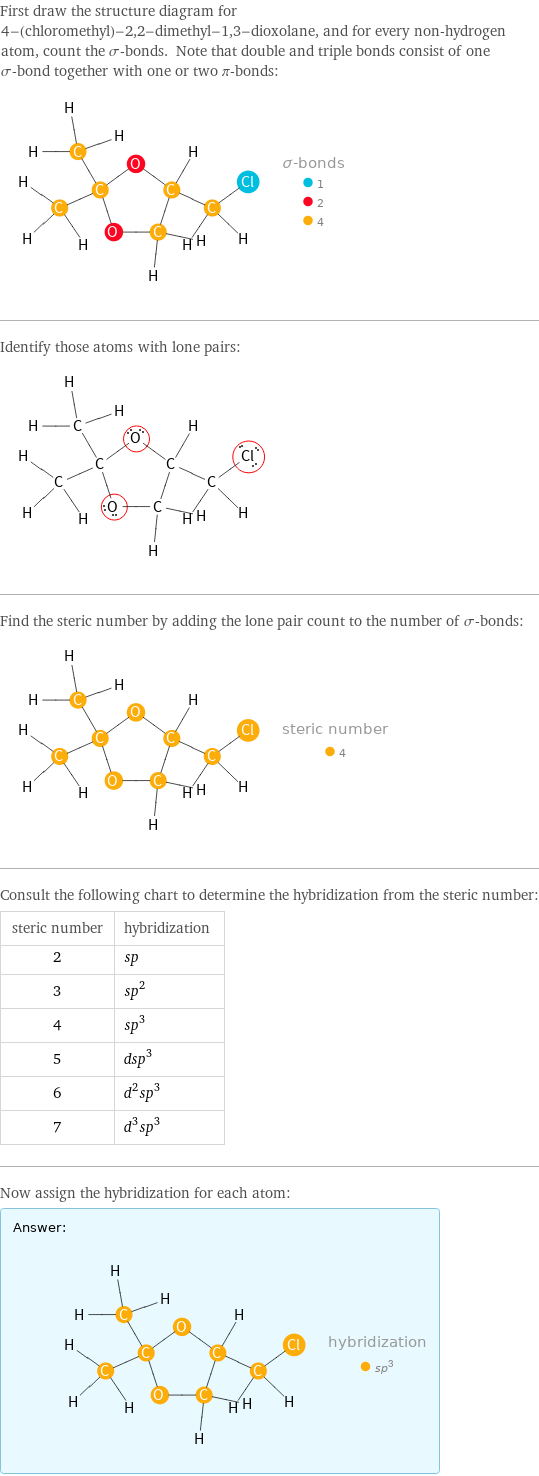 First draw the structure diagram for 4-(chloromethyl)-2, 2-dimethyl-1, 3-dioxolane, and for every non-hydrogen atom, count the σ-bonds. Note that double and triple bonds consist of one σ-bond together with one or two π-bonds:  Identify those atoms with lone pairs:  Find the steric number by adding the lone pair count to the number of σ-bonds:  Consult the following chart to determine the hybridization from the steric number: steric number | hybridization 2 | sp 3 | sp^2 4 | sp^3 5 | dsp^3 6 | d^2sp^3 7 | d^3sp^3 Now assign the hybridization for each atom: Answer: |   | 