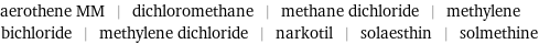 aerothene MM | dichloromethane | methane dichloride | methylene bichloride | methylene dichloride | narkotil | solaesthin | solmethine