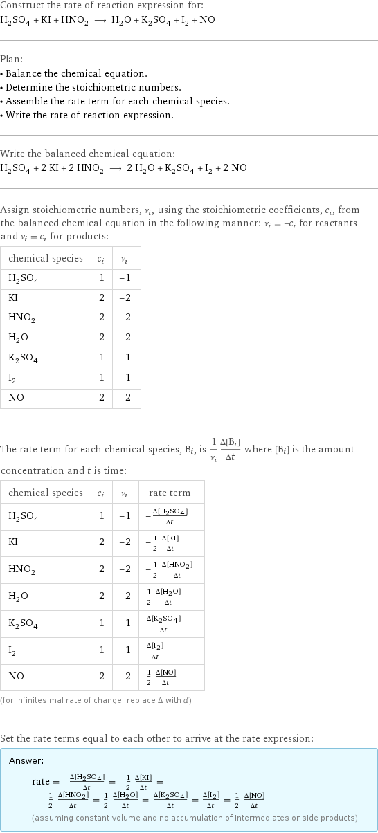 Construct the rate of reaction expression for: H_2SO_4 + KI + HNO_2 ⟶ H_2O + K_2SO_4 + I_2 + NO Plan: • Balance the chemical equation. • Determine the stoichiometric numbers. • Assemble the rate term for each chemical species. • Write the rate of reaction expression. Write the balanced chemical equation: H_2SO_4 + 2 KI + 2 HNO_2 ⟶ 2 H_2O + K_2SO_4 + I_2 + 2 NO Assign stoichiometric numbers, ν_i, using the stoichiometric coefficients, c_i, from the balanced chemical equation in the following manner: ν_i = -c_i for reactants and ν_i = c_i for products: chemical species | c_i | ν_i H_2SO_4 | 1 | -1 KI | 2 | -2 HNO_2 | 2 | -2 H_2O | 2 | 2 K_2SO_4 | 1 | 1 I_2 | 1 | 1 NO | 2 | 2 The rate term for each chemical species, B_i, is 1/ν_i(Δ[B_i])/(Δt) where [B_i] is the amount concentration and t is time: chemical species | c_i | ν_i | rate term H_2SO_4 | 1 | -1 | -(Δ[H2SO4])/(Δt) KI | 2 | -2 | -1/2 (Δ[KI])/(Δt) HNO_2 | 2 | -2 | -1/2 (Δ[HNO2])/(Δt) H_2O | 2 | 2 | 1/2 (Δ[H2O])/(Δt) K_2SO_4 | 1 | 1 | (Δ[K2SO4])/(Δt) I_2 | 1 | 1 | (Δ[I2])/(Δt) NO | 2 | 2 | 1/2 (Δ[NO])/(Δt) (for infinitesimal rate of change, replace Δ with d) Set the rate terms equal to each other to arrive at the rate expression: Answer: |   | rate = -(Δ[H2SO4])/(Δt) = -1/2 (Δ[KI])/(Δt) = -1/2 (Δ[HNO2])/(Δt) = 1/2 (Δ[H2O])/(Δt) = (Δ[K2SO4])/(Δt) = (Δ[I2])/(Δt) = 1/2 (Δ[NO])/(Δt) (assuming constant volume and no accumulation of intermediates or side products)