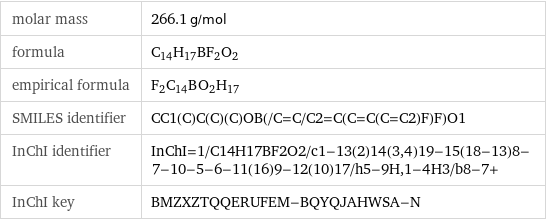 molar mass | 266.1 g/mol formula | C_14H_17BF_2O_2 empirical formula | F_2C_14B_O_2H_17 SMILES identifier | CC1(C)C(C)(C)OB(/C=C/C2=C(C=C(C=C2)F)F)O1 InChI identifier | InChI=1/C14H17BF2O2/c1-13(2)14(3, 4)19-15(18-13)8-7-10-5-6-11(16)9-12(10)17/h5-9H, 1-4H3/b8-7+ InChI key | BMZXZTQQERUFEM-BQYQJAHWSA-N