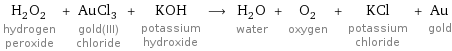 H_2O_2 hydrogen peroxide + AuCl_3 gold(III) chloride + KOH potassium hydroxide ⟶ H_2O water + O_2 oxygen + KCl potassium chloride + Au gold