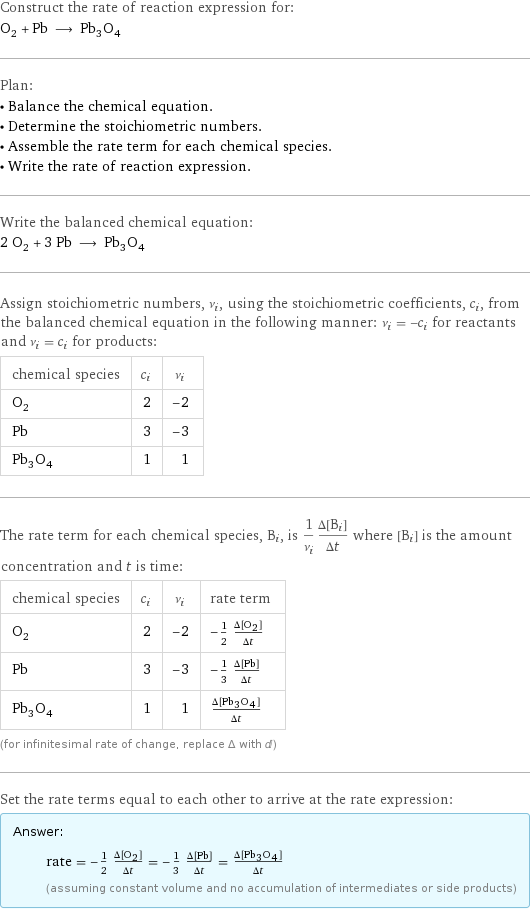 Construct the rate of reaction expression for: O_2 + Pb ⟶ Pb_3O_4 Plan: • Balance the chemical equation. • Determine the stoichiometric numbers. • Assemble the rate term for each chemical species. • Write the rate of reaction expression. Write the balanced chemical equation: 2 O_2 + 3 Pb ⟶ Pb_3O_4 Assign stoichiometric numbers, ν_i, using the stoichiometric coefficients, c_i, from the balanced chemical equation in the following manner: ν_i = -c_i for reactants and ν_i = c_i for products: chemical species | c_i | ν_i O_2 | 2 | -2 Pb | 3 | -3 Pb_3O_4 | 1 | 1 The rate term for each chemical species, B_i, is 1/ν_i(Δ[B_i])/(Δt) where [B_i] is the amount concentration and t is time: chemical species | c_i | ν_i | rate term O_2 | 2 | -2 | -1/2 (Δ[O2])/(Δt) Pb | 3 | -3 | -1/3 (Δ[Pb])/(Δt) Pb_3O_4 | 1 | 1 | (Δ[Pb3O4])/(Δt) (for infinitesimal rate of change, replace Δ with d) Set the rate terms equal to each other to arrive at the rate expression: Answer: |   | rate = -1/2 (Δ[O2])/(Δt) = -1/3 (Δ[Pb])/(Δt) = (Δ[Pb3O4])/(Δt) (assuming constant volume and no accumulation of intermediates or side products)