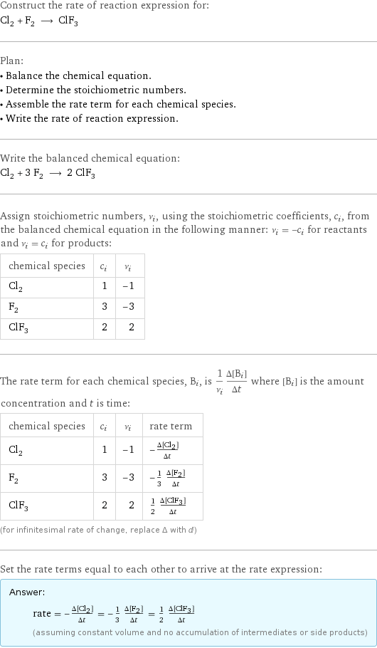 Construct the rate of reaction expression for: Cl_2 + F_2 ⟶ ClF_3 Plan: • Balance the chemical equation. • Determine the stoichiometric numbers. • Assemble the rate term for each chemical species. • Write the rate of reaction expression. Write the balanced chemical equation: Cl_2 + 3 F_2 ⟶ 2 ClF_3 Assign stoichiometric numbers, ν_i, using the stoichiometric coefficients, c_i, from the balanced chemical equation in the following manner: ν_i = -c_i for reactants and ν_i = c_i for products: chemical species | c_i | ν_i Cl_2 | 1 | -1 F_2 | 3 | -3 ClF_3 | 2 | 2 The rate term for each chemical species, B_i, is 1/ν_i(Δ[B_i])/(Δt) where [B_i] is the amount concentration and t is time: chemical species | c_i | ν_i | rate term Cl_2 | 1 | -1 | -(Δ[Cl2])/(Δt) F_2 | 3 | -3 | -1/3 (Δ[F2])/(Δt) ClF_3 | 2 | 2 | 1/2 (Δ[ClF3])/(Δt) (for infinitesimal rate of change, replace Δ with d) Set the rate terms equal to each other to arrive at the rate expression: Answer: |   | rate = -(Δ[Cl2])/(Δt) = -1/3 (Δ[F2])/(Δt) = 1/2 (Δ[ClF3])/(Δt) (assuming constant volume and no accumulation of intermediates or side products)
