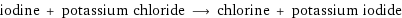 iodine + potassium chloride ⟶ chlorine + potassium iodide