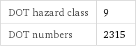 DOT hazard class | 9 DOT numbers | 2315