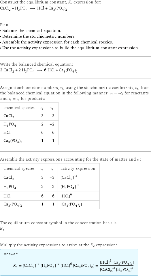 Construct the equilibrium constant, K, expression for: CaCl_2 + H_3PO_4 ⟶ HCl + Ca_3(PO_4)_2 Plan: • Balance the chemical equation. • Determine the stoichiometric numbers. • Assemble the activity expression for each chemical species. • Use the activity expressions to build the equilibrium constant expression. Write the balanced chemical equation: 3 CaCl_2 + 2 H_3PO_4 ⟶ 6 HCl + Ca_3(PO_4)_2 Assign stoichiometric numbers, ν_i, using the stoichiometric coefficients, c_i, from the balanced chemical equation in the following manner: ν_i = -c_i for reactants and ν_i = c_i for products: chemical species | c_i | ν_i CaCl_2 | 3 | -3 H_3PO_4 | 2 | -2 HCl | 6 | 6 Ca_3(PO_4)_2 | 1 | 1 Assemble the activity expressions accounting for the state of matter and ν_i: chemical species | c_i | ν_i | activity expression CaCl_2 | 3 | -3 | ([CaCl2])^(-3) H_3PO_4 | 2 | -2 | ([H3PO4])^(-2) HCl | 6 | 6 | ([HCl])^6 Ca_3(PO_4)_2 | 1 | 1 | [Ca3(PO4)2] The equilibrium constant symbol in the concentration basis is: K_c Mulitply the activity expressions to arrive at the K_c expression: Answer: |   | K_c = ([CaCl2])^(-3) ([H3PO4])^(-2) ([HCl])^6 [Ca3(PO4)2] = (([HCl])^6 [Ca3(PO4)2])/(([CaCl2])^3 ([H3PO4])^2)