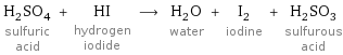 H_2SO_4 sulfuric acid + HI hydrogen iodide ⟶ H_2O water + I_2 iodine + H_2SO_3 sulfurous acid