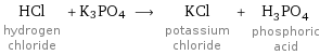 HCl hydrogen chloride + K3PO4 ⟶ KCl potassium chloride + H_3PO_4 phosphoric acid