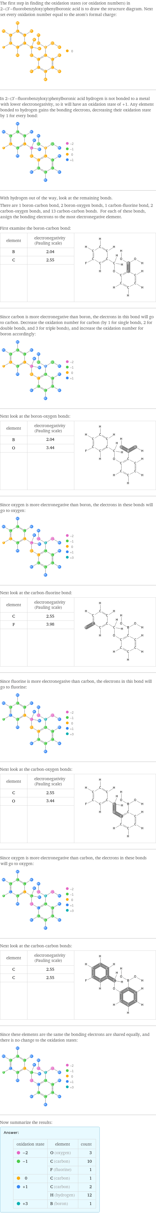 The first step in finding the oxidation states (or oxidation numbers) in 2-(3'-fluorobenzyloxy)phenylboronic acid is to draw the structure diagram. Next set every oxidation number equal to the atom's formal charge:  In 2-(3'-fluorobenzyloxy)phenylboronic acid hydrogen is not bonded to a metal with lower electronegativity, so it will have an oxidation state of +1. Any element bonded to hydrogen gains the bonding electrons, decreasing their oxidation state by 1 for every bond:  With hydrogen out of the way, look at the remaining bonds. There are 1 boron-carbon bond, 2 boron-oxygen bonds, 1 carbon-fluorine bond, 2 carbon-oxygen bonds, and 13 carbon-carbon bonds. For each of these bonds, assign the bonding electrons to the most electronegative element.  First examine the boron-carbon bond: element | electronegativity (Pauling scale) |  B | 2.04 |  C | 2.55 |   | |  Since carbon is more electronegative than boron, the electrons in this bond will go to carbon. Decrease the oxidation number for carbon (by 1 for single bonds, 2 for double bonds, and 3 for triple bonds), and increase the oxidation number for boron accordingly:  Next look at the boron-oxygen bonds: element | electronegativity (Pauling scale) |  B | 2.04 |  O | 3.44 |   | |  Since oxygen is more electronegative than boron, the electrons in these bonds will go to oxygen:  Next look at the carbon-fluorine bond: element | electronegativity (Pauling scale) |  C | 2.55 |  F | 3.98 |   | |  Since fluorine is more electronegative than carbon, the electrons in this bond will go to fluorine:  Next look at the carbon-oxygen bonds: element | electronegativity (Pauling scale) |  C | 2.55 |  O | 3.44 |   | |  Since oxygen is more electronegative than carbon, the electrons in these bonds will go to oxygen:  Next look at the carbon-carbon bonds: element | electronegativity (Pauling scale) |  C | 2.55 |  C | 2.55 |   | |  Since these elements are the same the bonding electrons are shared equally, and there is no change to the oxidation states:  Now summarize the results: Answer: |   | oxidation state | element | count  -2 | O (oxygen) | 3  -1 | C (carbon) | 10  | F (fluorine) | 1  0 | C (carbon) | 1  +1 | C (carbon) | 2  | H (hydrogen) | 12  +3 | B (boron) | 1