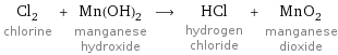 Cl_2 chlorine + Mn(OH)_2 manganese hydroxide ⟶ HCl hydrogen chloride + MnO_2 manganese dioxide