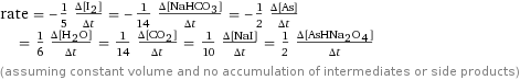 rate = -1/5 (Δ[I2])/(Δt) = -1/14 (Δ[NaHCO3])/(Δt) = -1/2 (Δ[As])/(Δt) = 1/6 (Δ[H2O])/(Δt) = 1/14 (Δ[CO2])/(Δt) = 1/10 (Δ[NaI])/(Δt) = 1/2 (Δ[AsHNa2O4])/(Δt) (assuming constant volume and no accumulation of intermediates or side products)