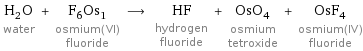 H_2O water + F_6Os_1 osmium(VI) fluoride ⟶ HF hydrogen fluoride + OsO_4 osmium tetroxide + OsF_4 osmium(IV) fluoride