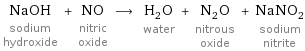 NaOH sodium hydroxide + NO nitric oxide ⟶ H_2O water + N_2O nitrous oxide + NaNO_2 sodium nitrite