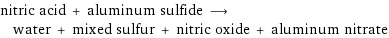 nitric acid + aluminum sulfide ⟶ water + mixed sulfur + nitric oxide + aluminum nitrate