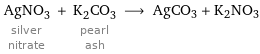 AgNO_3 silver nitrate + K_2CO_3 pearl ash ⟶ AgCO3 + K2NO3