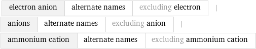 electron anion | alternate names | excluding electron | anions | alternate names | excluding anion | ammonium cation | alternate names | excluding ammonium cation