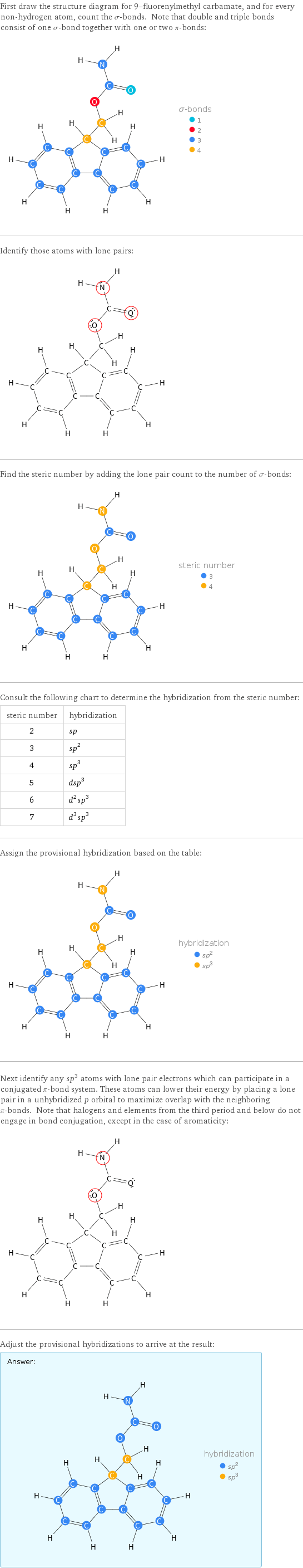 First draw the structure diagram for 9-fluorenylmethyl carbamate, and for every non-hydrogen atom, count the σ-bonds. Note that double and triple bonds consist of one σ-bond together with one or two π-bonds:  Identify those atoms with lone pairs:  Find the steric number by adding the lone pair count to the number of σ-bonds:  Consult the following chart to determine the hybridization from the steric number: steric number | hybridization 2 | sp 3 | sp^2 4 | sp^3 5 | dsp^3 6 | d^2sp^3 7 | d^3sp^3 Assign the provisional hybridization based on the table:  Next identify any sp^3 atoms with lone pair electrons which can participate in a conjugated π-bond system. These atoms can lower their energy by placing a lone pair in a unhybridized p orbital to maximize overlap with the neighboring π-bonds. Note that halogens and elements from the third period and below do not engage in bond conjugation, except in the case of aromaticity:  Adjust the provisional hybridizations to arrive at the result: Answer: |   | 