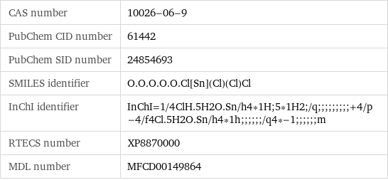 CAS number | 10026-06-9 PubChem CID number | 61442 PubChem SID number | 24854693 SMILES identifier | O.O.O.O.O.Cl[Sn](Cl)(Cl)Cl InChI identifier | InChI=1/4ClH.5H2O.Sn/h4*1H;5*1H2;/q;;;;;;;;;+4/p-4/f4Cl.5H2O.Sn/h4*1h;;;;;;/q4*-1;;;;;;m RTECS number | XP8870000 MDL number | MFCD00149864