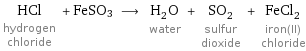 HCl hydrogen chloride + FeSO3 ⟶ H_2O water + SO_2 sulfur dioxide + FeCl_2 iron(II) chloride