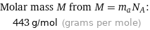 Molar mass M from M = m_aN_A:  | 443 g/mol (grams per mole)