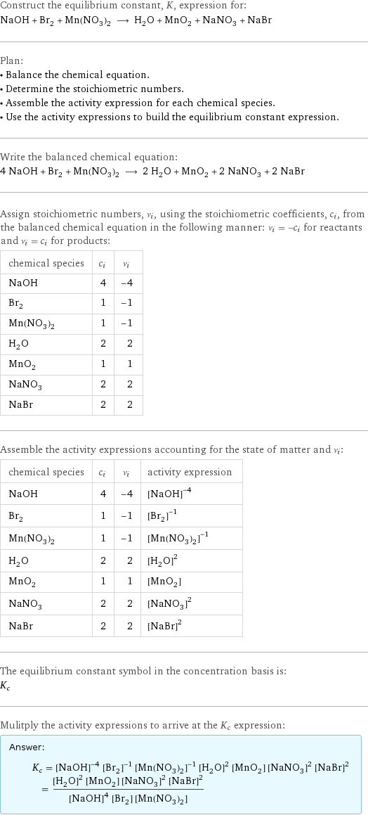 Construct the equilibrium constant, K, expression for: NaOH + Br_2 + Mn(NO_3)_2 ⟶ H_2O + MnO_2 + NaNO_3 + NaBr Plan: • Balance the chemical equation. • Determine the stoichiometric numbers. • Assemble the activity expression for each chemical species. • Use the activity expressions to build the equilibrium constant expression. Write the balanced chemical equation: 4 NaOH + Br_2 + Mn(NO_3)_2 ⟶ 2 H_2O + MnO_2 + 2 NaNO_3 + 2 NaBr Assign stoichiometric numbers, ν_i, using the stoichiometric coefficients, c_i, from the balanced chemical equation in the following manner: ν_i = -c_i for reactants and ν_i = c_i for products: chemical species | c_i | ν_i NaOH | 4 | -4 Br_2 | 1 | -1 Mn(NO_3)_2 | 1 | -1 H_2O | 2 | 2 MnO_2 | 1 | 1 NaNO_3 | 2 | 2 NaBr | 2 | 2 Assemble the activity expressions accounting for the state of matter and ν_i: chemical species | c_i | ν_i | activity expression NaOH | 4 | -4 | ([NaOH])^(-4) Br_2 | 1 | -1 | ([Br2])^(-1) Mn(NO_3)_2 | 1 | -1 | ([Mn(NO3)2])^(-1) H_2O | 2 | 2 | ([H2O])^2 MnO_2 | 1 | 1 | [MnO2] NaNO_3 | 2 | 2 | ([NaNO3])^2 NaBr | 2 | 2 | ([NaBr])^2 The equilibrium constant symbol in the concentration basis is: K_c Mulitply the activity expressions to arrive at the K_c expression: Answer: |   | K_c = ([NaOH])^(-4) ([Br2])^(-1) ([Mn(NO3)2])^(-1) ([H2O])^2 [MnO2] ([NaNO3])^2 ([NaBr])^2 = (([H2O])^2 [MnO2] ([NaNO3])^2 ([NaBr])^2)/(([NaOH])^4 [Br2] [Mn(NO3)2])