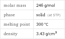 molar mass | 246 g/mol phase | solid (at STP) melting point | 300 °C density | 3.43 g/cm^3