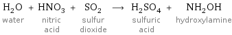 H_2O water + HNO_3 nitric acid + SO_2 sulfur dioxide ⟶ H_2SO_4 sulfuric acid + NH_2OH hydroxylamine