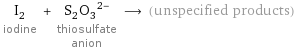 I_2 iodine + (S_2O_3)^(2-) thiosulfate anion ⟶ (unspecified products)