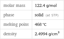 molar mass | 122.4 g/mol phase | solid (at STP) melting point | 468 °C density | 2.4994 g/cm^3