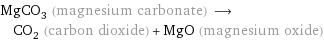 MgCO_3 (magnesium carbonate) ⟶ CO_2 (carbon dioxide) + MgO (magnesium oxide)