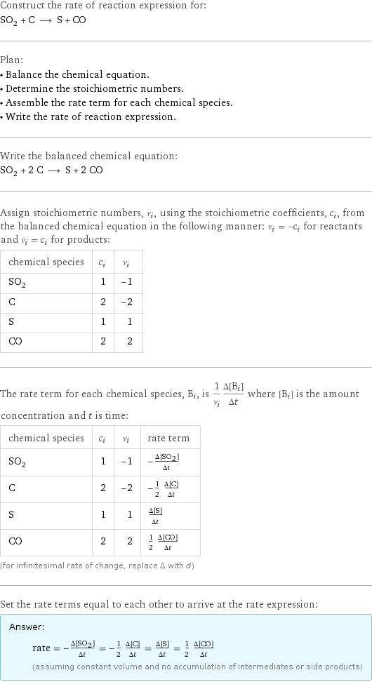 Construct the rate of reaction expression for: SO_2 + C ⟶ S + CO Plan: • Balance the chemical equation. • Determine the stoichiometric numbers. • Assemble the rate term for each chemical species. • Write the rate of reaction expression. Write the balanced chemical equation: SO_2 + 2 C ⟶ S + 2 CO Assign stoichiometric numbers, ν_i, using the stoichiometric coefficients, c_i, from the balanced chemical equation in the following manner: ν_i = -c_i for reactants and ν_i = c_i for products: chemical species | c_i | ν_i SO_2 | 1 | -1 C | 2 | -2 S | 1 | 1 CO | 2 | 2 The rate term for each chemical species, B_i, is 1/ν_i(Δ[B_i])/(Δt) where [B_i] is the amount concentration and t is time: chemical species | c_i | ν_i | rate term SO_2 | 1 | -1 | -(Δ[SO2])/(Δt) C | 2 | -2 | -1/2 (Δ[C])/(Δt) S | 1 | 1 | (Δ[S])/(Δt) CO | 2 | 2 | 1/2 (Δ[CO])/(Δt) (for infinitesimal rate of change, replace Δ with d) Set the rate terms equal to each other to arrive at the rate expression: Answer: |   | rate = -(Δ[SO2])/(Δt) = -1/2 (Δ[C])/(Δt) = (Δ[S])/(Δt) = 1/2 (Δ[CO])/(Δt) (assuming constant volume and no accumulation of intermediates or side products)