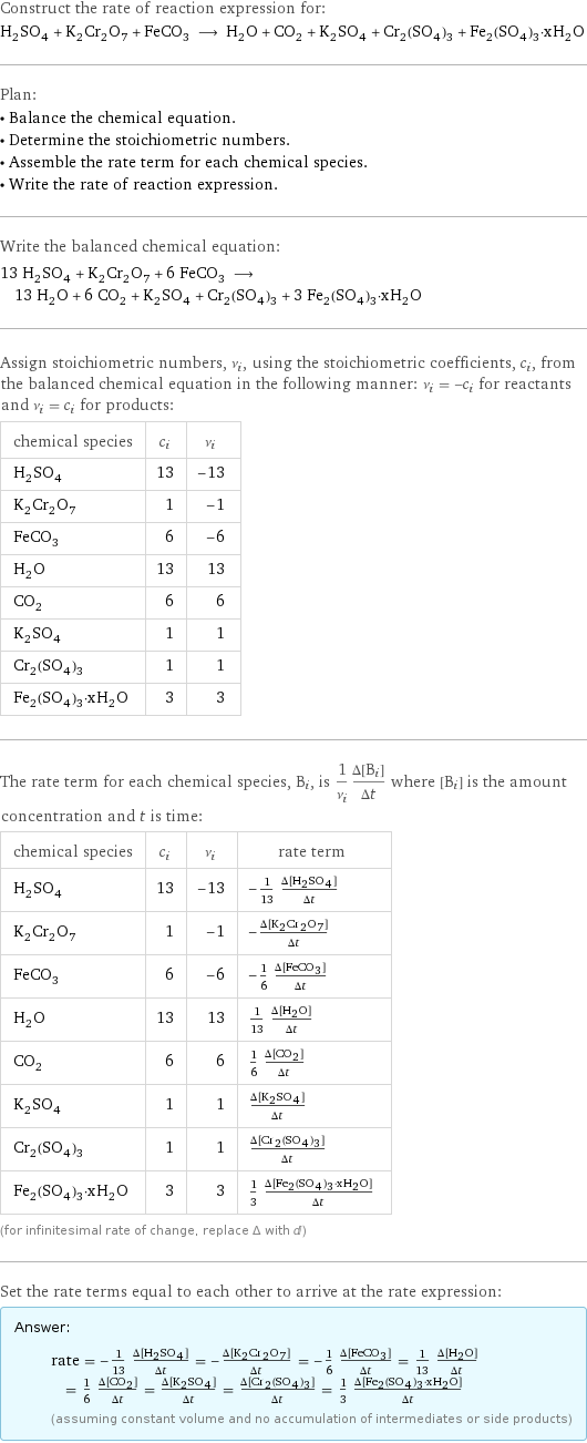 Construct the rate of reaction expression for: H_2SO_4 + K_2Cr_2O_7 + FeCO_3 ⟶ H_2O + CO_2 + K_2SO_4 + Cr_2(SO_4)_3 + Fe_2(SO_4)_3·xH_2O Plan: • Balance the chemical equation. • Determine the stoichiometric numbers. • Assemble the rate term for each chemical species. • Write the rate of reaction expression. Write the balanced chemical equation: 13 H_2SO_4 + K_2Cr_2O_7 + 6 FeCO_3 ⟶ 13 H_2O + 6 CO_2 + K_2SO_4 + Cr_2(SO_4)_3 + 3 Fe_2(SO_4)_3·xH_2O Assign stoichiometric numbers, ν_i, using the stoichiometric coefficients, c_i, from the balanced chemical equation in the following manner: ν_i = -c_i for reactants and ν_i = c_i for products: chemical species | c_i | ν_i H_2SO_4 | 13 | -13 K_2Cr_2O_7 | 1 | -1 FeCO_3 | 6 | -6 H_2O | 13 | 13 CO_2 | 6 | 6 K_2SO_4 | 1 | 1 Cr_2(SO_4)_3 | 1 | 1 Fe_2(SO_4)_3·xH_2O | 3 | 3 The rate term for each chemical species, B_i, is 1/ν_i(Δ[B_i])/(Δt) where [B_i] is the amount concentration and t is time: chemical species | c_i | ν_i | rate term H_2SO_4 | 13 | -13 | -1/13 (Δ[H2SO4])/(Δt) K_2Cr_2O_7 | 1 | -1 | -(Δ[K2Cr2O7])/(Δt) FeCO_3 | 6 | -6 | -1/6 (Δ[FeCO3])/(Δt) H_2O | 13 | 13 | 1/13 (Δ[H2O])/(Δt) CO_2 | 6 | 6 | 1/6 (Δ[CO2])/(Δt) K_2SO_4 | 1 | 1 | (Δ[K2SO4])/(Δt) Cr_2(SO_4)_3 | 1 | 1 | (Δ[Cr2(SO4)3])/(Δt) Fe_2(SO_4)_3·xH_2O | 3 | 3 | 1/3 (Δ[Fe2(SO4)3·xH2O])/(Δt) (for infinitesimal rate of change, replace Δ with d) Set the rate terms equal to each other to arrive at the rate expression: Answer: |   | rate = -1/13 (Δ[H2SO4])/(Δt) = -(Δ[K2Cr2O7])/(Δt) = -1/6 (Δ[FeCO3])/(Δt) = 1/13 (Δ[H2O])/(Δt) = 1/6 (Δ[CO2])/(Δt) = (Δ[K2SO4])/(Δt) = (Δ[Cr2(SO4)3])/(Δt) = 1/3 (Δ[Fe2(SO4)3·xH2O])/(Δt) (assuming constant volume and no accumulation of intermediates or side products)