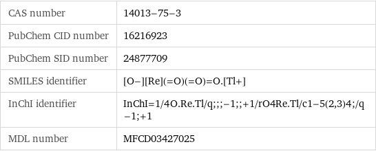 CAS number | 14013-75-3 PubChem CID number | 16216923 PubChem SID number | 24877709 SMILES identifier | [O-][Re](=O)(=O)=O.[Tl+] InChI identifier | InChI=1/4O.Re.Tl/q;;;-1;;+1/rO4Re.Tl/c1-5(2, 3)4;/q-1;+1 MDL number | MFCD03427025