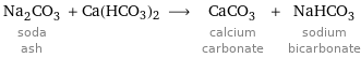 Na_2CO_3 soda ash + Ca(HCO3)2 ⟶ CaCO_3 calcium carbonate + NaHCO_3 sodium bicarbonate