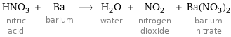 HNO_3 nitric acid + Ba barium ⟶ H_2O water + NO_2 nitrogen dioxide + Ba(NO_3)_2 barium nitrate