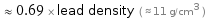  ≈ 0.69 × lead density ( ≈ 11 g/cm^3 )