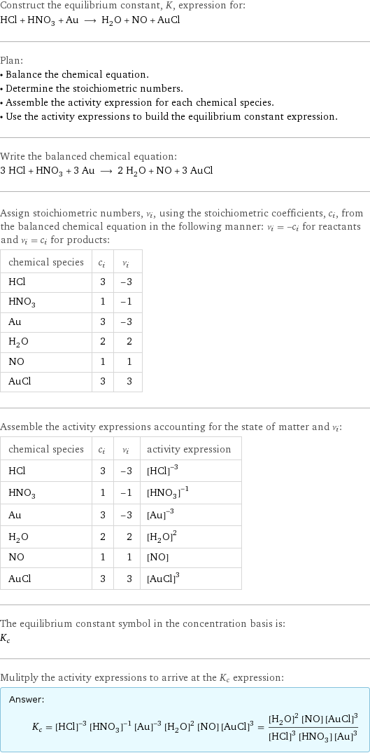 Construct the equilibrium constant, K, expression for: HCl + HNO_3 + Au ⟶ H_2O + NO + AuCl Plan: • Balance the chemical equation. • Determine the stoichiometric numbers. • Assemble the activity expression for each chemical species. • Use the activity expressions to build the equilibrium constant expression. Write the balanced chemical equation: 3 HCl + HNO_3 + 3 Au ⟶ 2 H_2O + NO + 3 AuCl Assign stoichiometric numbers, ν_i, using the stoichiometric coefficients, c_i, from the balanced chemical equation in the following manner: ν_i = -c_i for reactants and ν_i = c_i for products: chemical species | c_i | ν_i HCl | 3 | -3 HNO_3 | 1 | -1 Au | 3 | -3 H_2O | 2 | 2 NO | 1 | 1 AuCl | 3 | 3 Assemble the activity expressions accounting for the state of matter and ν_i: chemical species | c_i | ν_i | activity expression HCl | 3 | -3 | ([HCl])^(-3) HNO_3 | 1 | -1 | ([HNO3])^(-1) Au | 3 | -3 | ([Au])^(-3) H_2O | 2 | 2 | ([H2O])^2 NO | 1 | 1 | [NO] AuCl | 3 | 3 | ([AuCl])^3 The equilibrium constant symbol in the concentration basis is: K_c Mulitply the activity expressions to arrive at the K_c expression: Answer: |   | K_c = ([HCl])^(-3) ([HNO3])^(-1) ([Au])^(-3) ([H2O])^2 [NO] ([AuCl])^3 = (([H2O])^2 [NO] ([AuCl])^3)/(([HCl])^3 [HNO3] ([Au])^3)