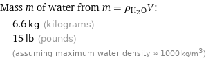 Mass m of water from m = ρ_(H_2O)V:  | 6.6 kg (kilograms)  | 15 lb (pounds)  | (assuming maximum water density ≈ 1000 kg/m^3)