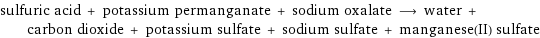 sulfuric acid + potassium permanganate + sodium oxalate ⟶ water + carbon dioxide + potassium sulfate + sodium sulfate + manganese(II) sulfate