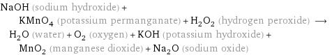 NaOH (sodium hydroxide) + KMnO_4 (potassium permanganate) + H_2O_2 (hydrogen peroxide) ⟶ H_2O (water) + O_2 (oxygen) + KOH (potassium hydroxide) + MnO_2 (manganese dioxide) + Na_2O (sodium oxide)