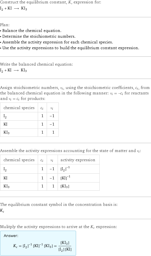 Construct the equilibrium constant, K, expression for: I_2 + KI ⟶ KI3 Plan: • Balance the chemical equation. • Determine the stoichiometric numbers. • Assemble the activity expression for each chemical species. • Use the activity expressions to build the equilibrium constant expression. Write the balanced chemical equation: I_2 + KI ⟶ KI3 Assign stoichiometric numbers, ν_i, using the stoichiometric coefficients, c_i, from the balanced chemical equation in the following manner: ν_i = -c_i for reactants and ν_i = c_i for products: chemical species | c_i | ν_i I_2 | 1 | -1 KI | 1 | -1 KI3 | 1 | 1 Assemble the activity expressions accounting for the state of matter and ν_i: chemical species | c_i | ν_i | activity expression I_2 | 1 | -1 | ([I2])^(-1) KI | 1 | -1 | ([KI])^(-1) KI3 | 1 | 1 | [KI3] The equilibrium constant symbol in the concentration basis is: K_c Mulitply the activity expressions to arrive at the K_c expression: Answer: |   | K_c = ([I2])^(-1) ([KI])^(-1) [KI3] = ([KI3])/([I2] [KI])