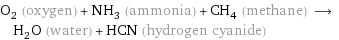 O_2 (oxygen) + NH_3 (ammonia) + CH_4 (methane) ⟶ H_2O (water) + HCN (hydrogen cyanide)