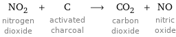 NO_2 nitrogen dioxide + C activated charcoal ⟶ CO_2 carbon dioxide + NO nitric oxide