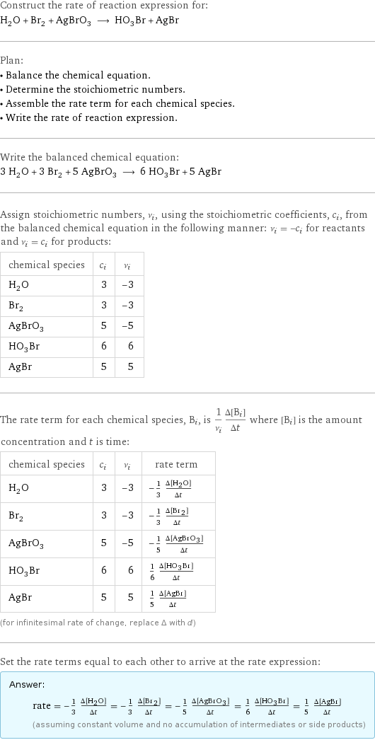 Construct the rate of reaction expression for: H_2O + Br_2 + AgBrO_3 ⟶ HO_3Br + AgBr Plan: • Balance the chemical equation. • Determine the stoichiometric numbers. • Assemble the rate term for each chemical species. • Write the rate of reaction expression. Write the balanced chemical equation: 3 H_2O + 3 Br_2 + 5 AgBrO_3 ⟶ 6 HO_3Br + 5 AgBr Assign stoichiometric numbers, ν_i, using the stoichiometric coefficients, c_i, from the balanced chemical equation in the following manner: ν_i = -c_i for reactants and ν_i = c_i for products: chemical species | c_i | ν_i H_2O | 3 | -3 Br_2 | 3 | -3 AgBrO_3 | 5 | -5 HO_3Br | 6 | 6 AgBr | 5 | 5 The rate term for each chemical species, B_i, is 1/ν_i(Δ[B_i])/(Δt) where [B_i] is the amount concentration and t is time: chemical species | c_i | ν_i | rate term H_2O | 3 | -3 | -1/3 (Δ[H2O])/(Δt) Br_2 | 3 | -3 | -1/3 (Δ[Br2])/(Δt) AgBrO_3 | 5 | -5 | -1/5 (Δ[AgBrO3])/(Δt) HO_3Br | 6 | 6 | 1/6 (Δ[H1O3Br1])/(Δt) AgBr | 5 | 5 | 1/5 (Δ[AgBr])/(Δt) (for infinitesimal rate of change, replace Δ with d) Set the rate terms equal to each other to arrive at the rate expression: Answer: |   | rate = -1/3 (Δ[H2O])/(Δt) = -1/3 (Δ[Br2])/(Δt) = -1/5 (Δ[AgBrO3])/(Δt) = 1/6 (Δ[H1O3Br1])/(Δt) = 1/5 (Δ[AgBr])/(Δt) (assuming constant volume and no accumulation of intermediates or side products)