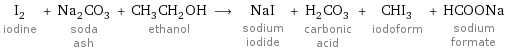 I_2 iodine + Na_2CO_3 soda ash + CH_3CH_2OH ethanol ⟶ NaI sodium iodide + H_2CO_3 carbonic acid + CHI_3 iodoform + HCOONa sodium formate