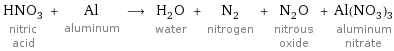 HNO_3 nitric acid + Al aluminum ⟶ H_2O water + N_2 nitrogen + N_2O nitrous oxide + Al(NO_3)_3 aluminum nitrate