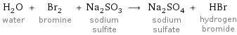 H_2O water + Br_2 bromine + Na_2SO_3 sodium sulfite ⟶ Na_2SO_4 sodium sulfate + HBr hydrogen bromide