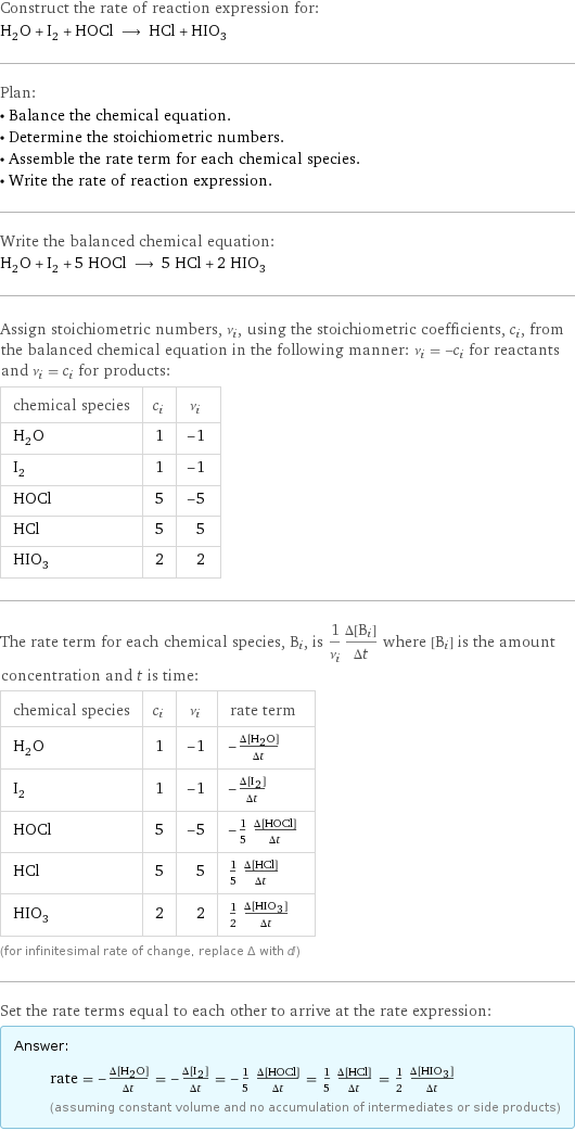 Construct the rate of reaction expression for: H_2O + I_2 + HOCl ⟶ HCl + HIO_3 Plan: • Balance the chemical equation. • Determine the stoichiometric numbers. • Assemble the rate term for each chemical species. • Write the rate of reaction expression. Write the balanced chemical equation: H_2O + I_2 + 5 HOCl ⟶ 5 HCl + 2 HIO_3 Assign stoichiometric numbers, ν_i, using the stoichiometric coefficients, c_i, from the balanced chemical equation in the following manner: ν_i = -c_i for reactants and ν_i = c_i for products: chemical species | c_i | ν_i H_2O | 1 | -1 I_2 | 1 | -1 HOCl | 5 | -5 HCl | 5 | 5 HIO_3 | 2 | 2 The rate term for each chemical species, B_i, is 1/ν_i(Δ[B_i])/(Δt) where [B_i] is the amount concentration and t is time: chemical species | c_i | ν_i | rate term H_2O | 1 | -1 | -(Δ[H2O])/(Δt) I_2 | 1 | -1 | -(Δ[I2])/(Δt) HOCl | 5 | -5 | -1/5 (Δ[HOCl])/(Δt) HCl | 5 | 5 | 1/5 (Δ[HCl])/(Δt) HIO_3 | 2 | 2 | 1/2 (Δ[HIO3])/(Δt) (for infinitesimal rate of change, replace Δ with d) Set the rate terms equal to each other to arrive at the rate expression: Answer: |   | rate = -(Δ[H2O])/(Δt) = -(Δ[I2])/(Δt) = -1/5 (Δ[HOCl])/(Δt) = 1/5 (Δ[HCl])/(Δt) = 1/2 (Δ[HIO3])/(Δt) (assuming constant volume and no accumulation of intermediates or side products)