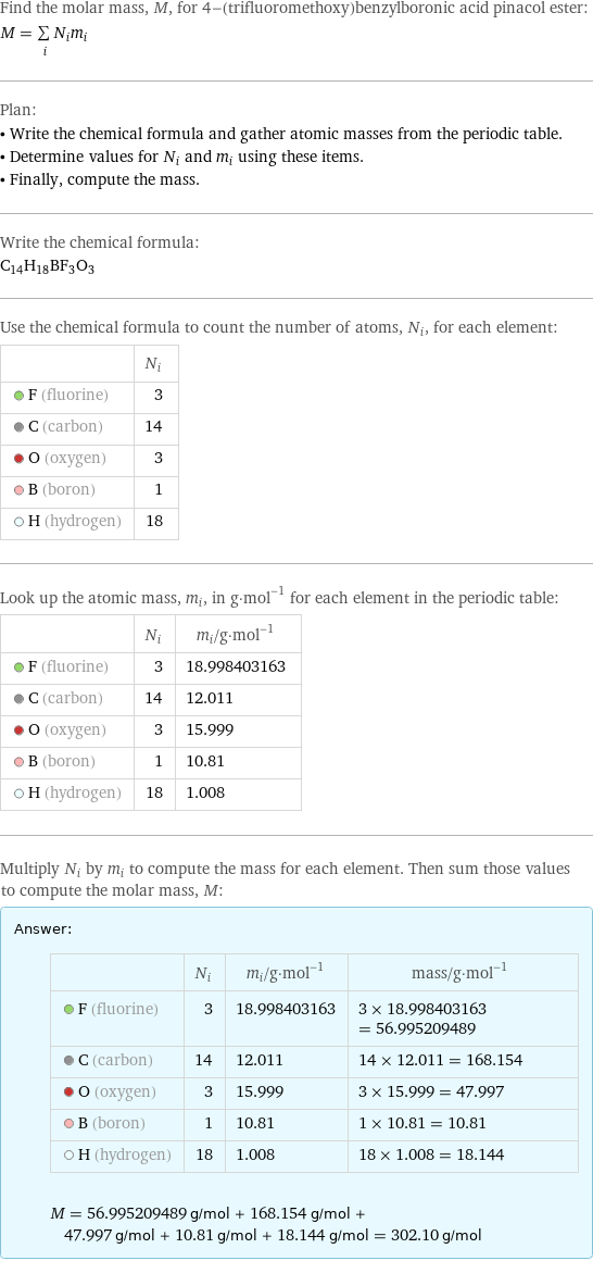 Find the molar mass, M, for 4-(trifluoromethoxy)benzylboronic acid pinacol ester: M = sum _iN_im_i Plan: • Write the chemical formula and gather atomic masses from the periodic table. • Determine values for N_i and m_i using these items. • Finally, compute the mass. Write the chemical formula: C_14H_18BF_3O_3 Use the chemical formula to count the number of atoms, N_i, for each element:  | N_i  F (fluorine) | 3  C (carbon) | 14  O (oxygen) | 3  B (boron) | 1  H (hydrogen) | 18 Look up the atomic mass, m_i, in g·mol^(-1) for each element in the periodic table:  | N_i | m_i/g·mol^(-1)  F (fluorine) | 3 | 18.998403163  C (carbon) | 14 | 12.011  O (oxygen) | 3 | 15.999  B (boron) | 1 | 10.81  H (hydrogen) | 18 | 1.008 Multiply N_i by m_i to compute the mass for each element. Then sum those values to compute the molar mass, M: Answer: |   | | N_i | m_i/g·mol^(-1) | mass/g·mol^(-1)  F (fluorine) | 3 | 18.998403163 | 3 × 18.998403163 = 56.995209489  C (carbon) | 14 | 12.011 | 14 × 12.011 = 168.154  O (oxygen) | 3 | 15.999 | 3 × 15.999 = 47.997  B (boron) | 1 | 10.81 | 1 × 10.81 = 10.81  H (hydrogen) | 18 | 1.008 | 18 × 1.008 = 18.144  M = 56.995209489 g/mol + 168.154 g/mol + 47.997 g/mol + 10.81 g/mol + 18.144 g/mol = 302.10 g/mol